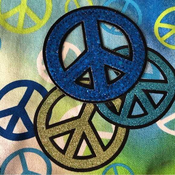 Blue Green Peace Sign Cotton Canvas Crossbody Shoulder Bag Bohemian Hippie Bag - Picture 5 of 14
